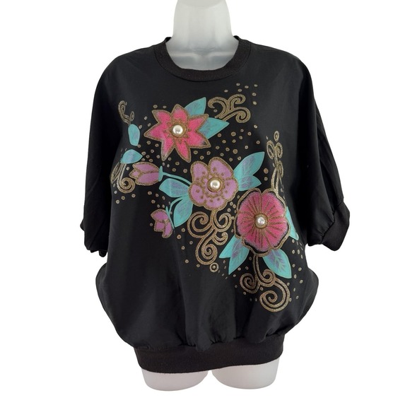 Vintage‎ Sassy Phillips Sweatshirt Womens Medium Black Dolman Floral Pearl 80s - Picture 2 of 16